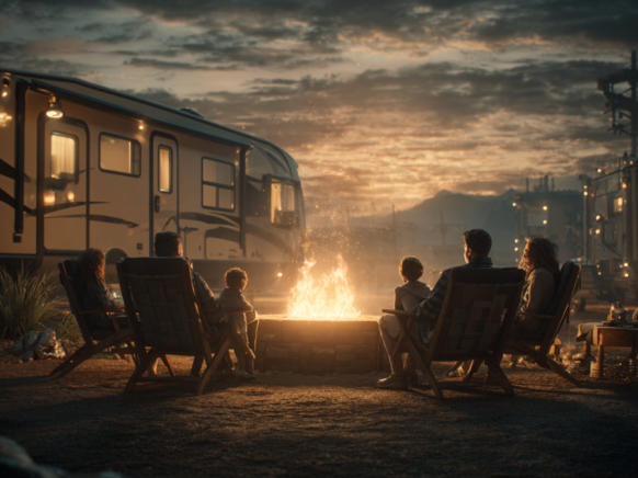 people in an rv site sitting around a fire ring which is one of the amenities we offer