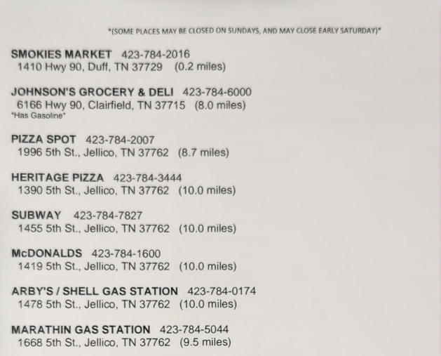 a picture of the stores and restaurants available in the area. (smokies market, johnson's grocery & deli, pizza spot, heritage pizza, subway, mccdonalds, arby's / shell gas station, marathon gas station, sunoco gas station, family dollar, dollar general, 