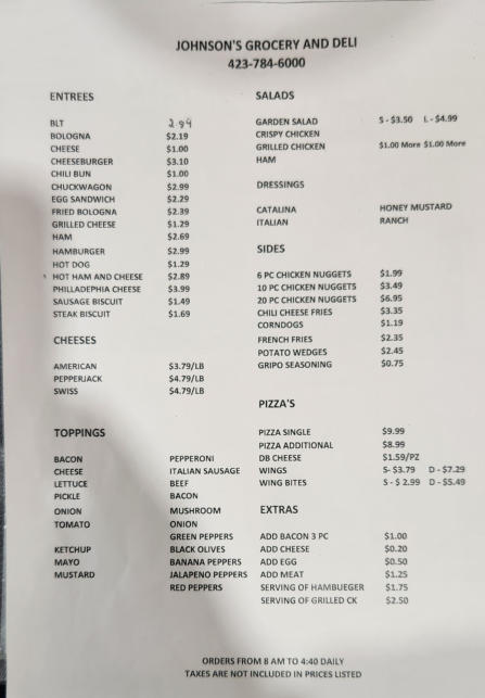 a menu from johnson's grocery and deli